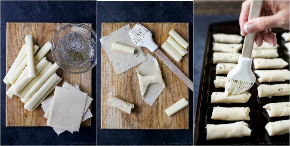 Images showing the steps to make Baked Mozzarella Sticks wrapped in wonton wrappers