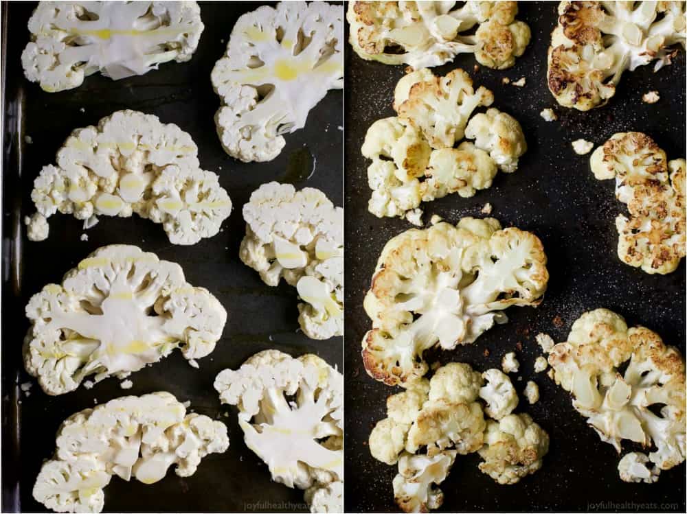 Cauliflower steaks before and after roasting