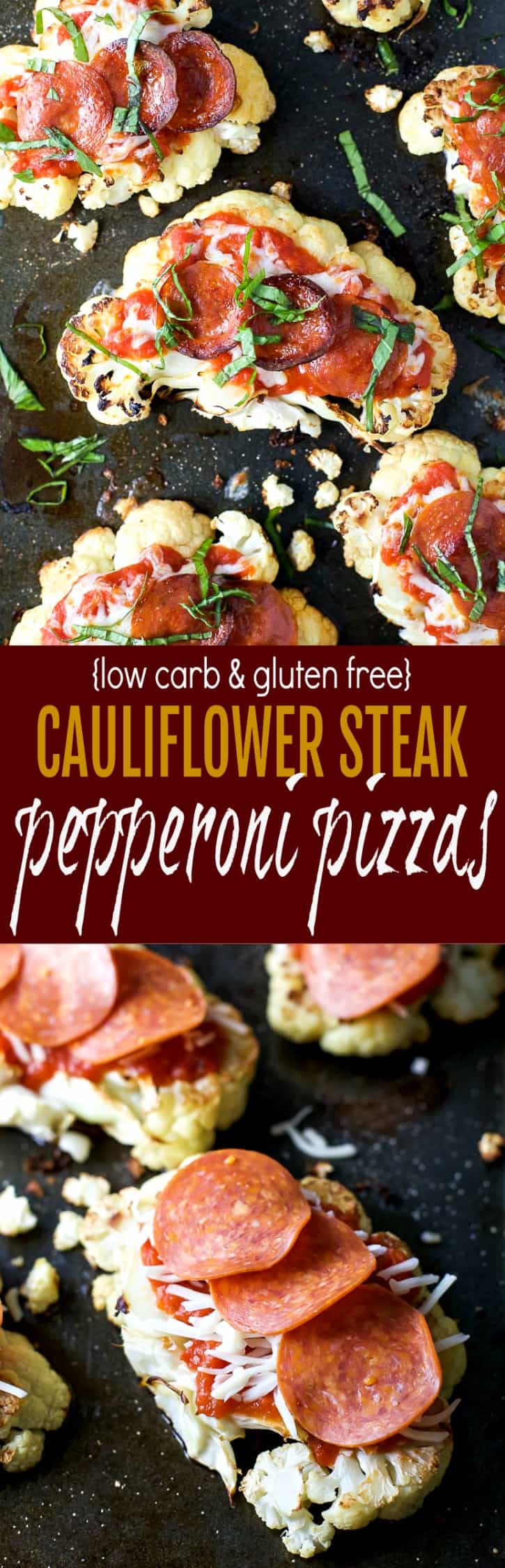 Low Carb & Gluten Free Cauliflower Steak Pepperoni Pizzas on a baking sheet