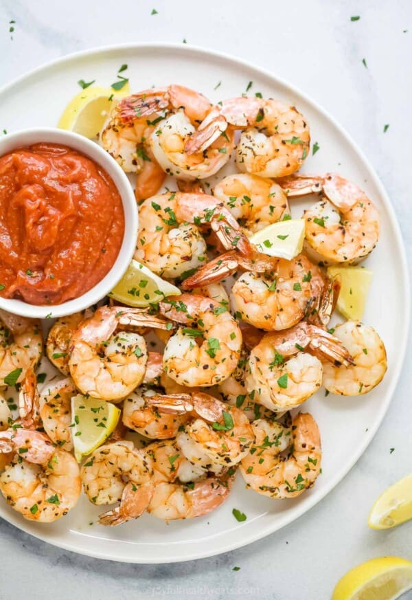 Plate with shrimp and homemade horseradish sauce.