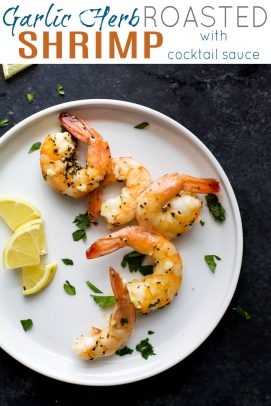 pinterest image for garlic herb roasted shrimp with cocktail sauce