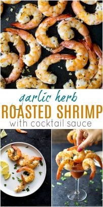 pinterest image for garlic herb roasted shrimp with cocktail sauce