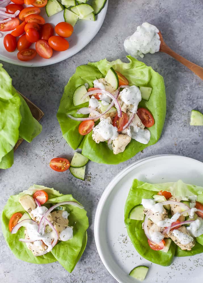 Top view of Greek Chicken Lettuce Wraps with Tzatziki Sauce