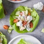 greek chicken lettuce wraps with tomato, onion and homemade tzatziki on top