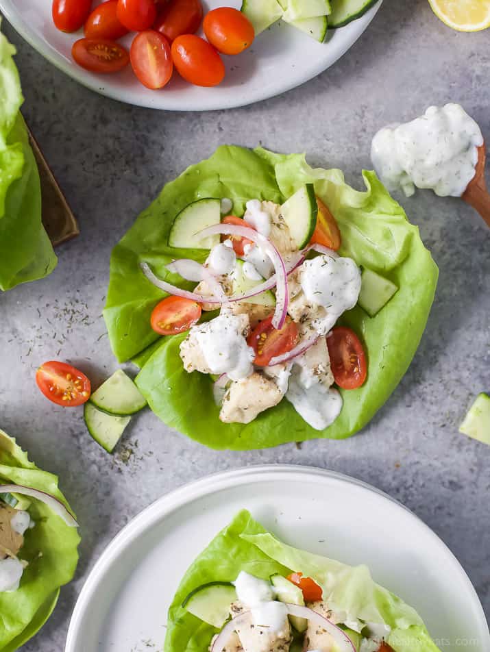 Top view of Greek Chicken Lettuce Wraps with Tzatziki Sauce