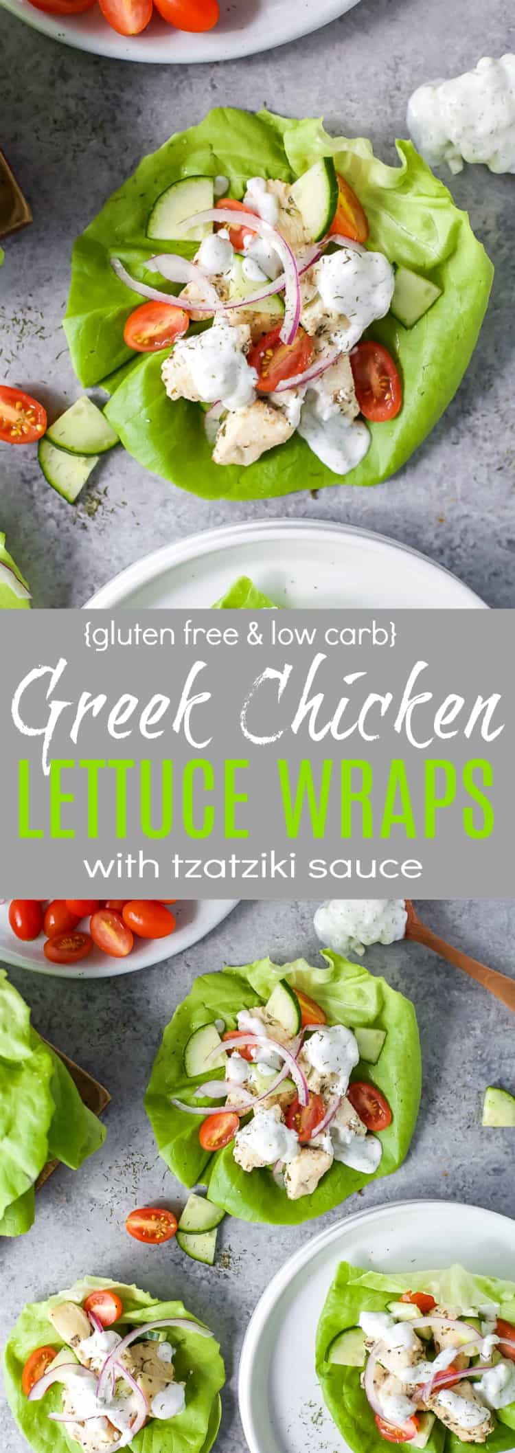 Recipe collage for Greek Chicken Lettuce Wraps with Tzatziki Sauce