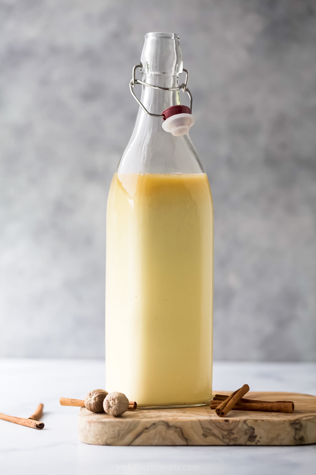 Creamy mixture in a glass  jug. 