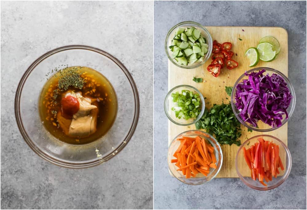 Easy Thai Chicken Grain Bowl drizzled with a Creamy Peanut Dressing. These Grain Bowls are filled with veggies, thai flavors, 17 grams of protein and come together in 15 minutes. The perfect start to a healthy new year! {gluten free}