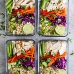Easy Thai Chicken Grain Bowl drizzled with a Creamy Peanut Dressing. These Grain Bowls are filled with veggies, thai flavors, 17 grams of protein and come together in 15 minutes. The perfect start to a healthy new year! {gluten free}