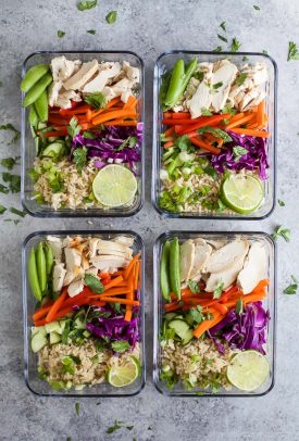 Easy Thai Chicken Grain Bowl drizzled with a Creamy Peanut Dressing. These Grain Bowls are filled with veggies, thai flavors, 17 grams of protein and come together in 15 minutes. The perfect start to a healthy new year! {gluten free}