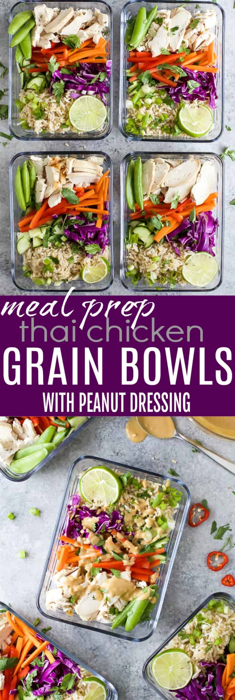Easy Thai Chicken Grain Bowl drizzled with a Creamy Peanut Dressing. These Grain Bowls are filled with veggies, thai flavors, 17 grams of protein and come together in 15 minutes. The perfect start to a healthy new year! {gluten free}