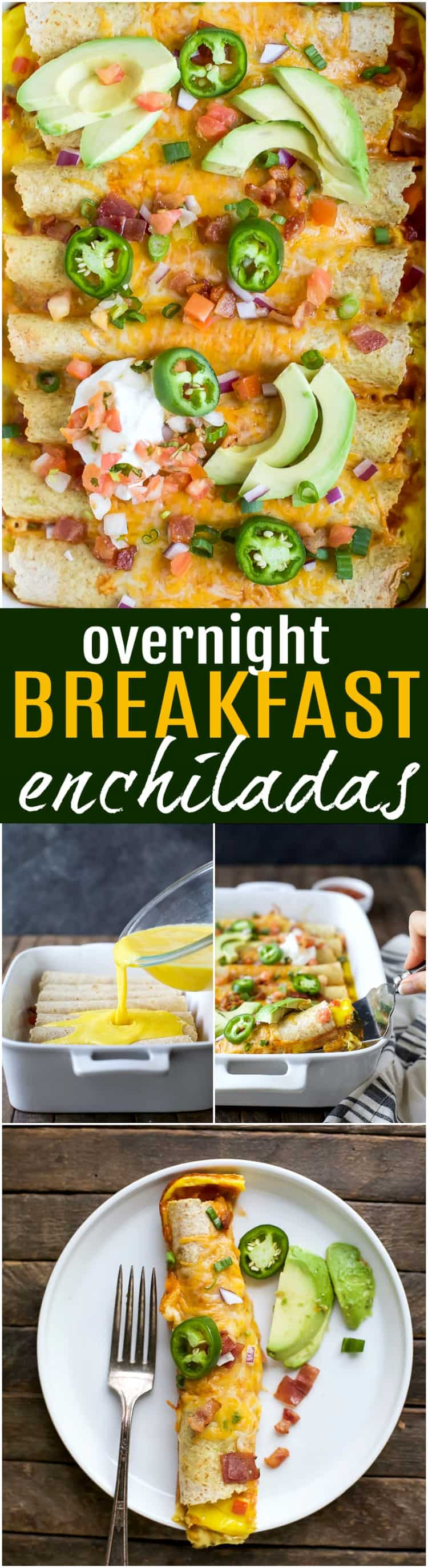Easy Cheesy Overnight Breakfast Enchiladas filled with bacon, ham, veggies and an egg mixture. Make it the night before and bake in the morning! A delicious savory breakfast recipe perfect for brunch or the holidays!