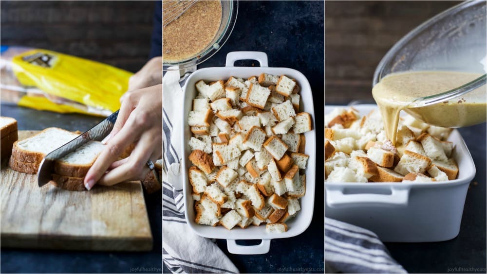 An image of a knife cutting into sliced bread beside a picture of bread cubes in a pan next to a photo of the custard being poured over the bread