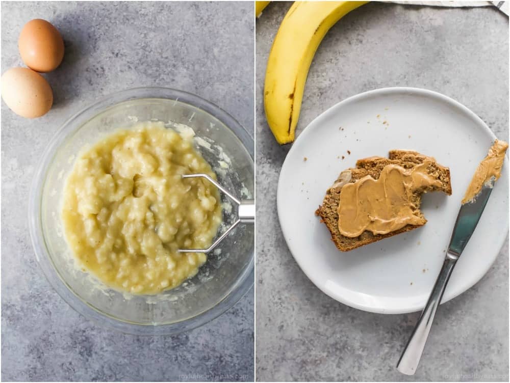 This cinnamon-banana bread recipe is sweetened with maple syrup for a healthy, on-the-go, dessert-like breakfast. Mash bananas on the left and spread a slice of banana bread with peanut butter on the right.