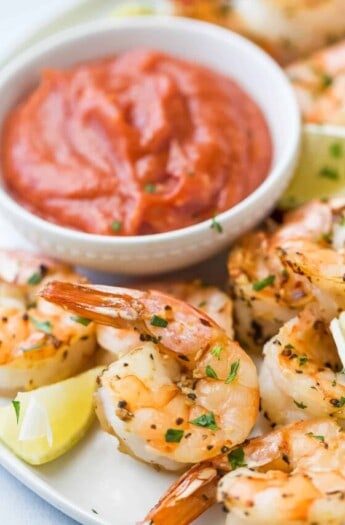 Roasted shrimp with homemade cocktail sauce.