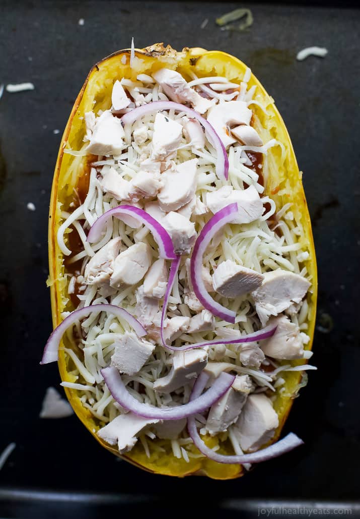 Unbaked BBQ Chicken Pizza Stuffed Spaghetti Squash