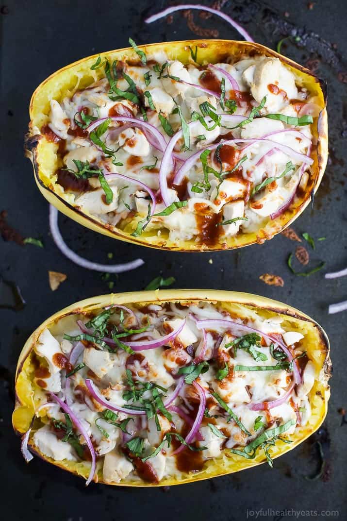 BBQ Chicken Pizza Stuffed Spaghetti Squash halves