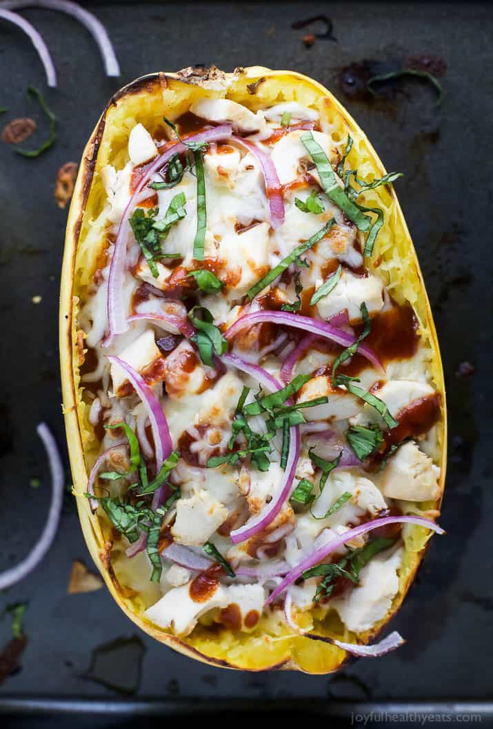 BBQ Chicken Pizza Stuffed Spaghetti Squash