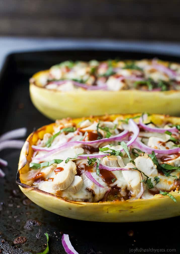 Two BBQ Chicken Pizza Stuffed Spaghetti Squash halves