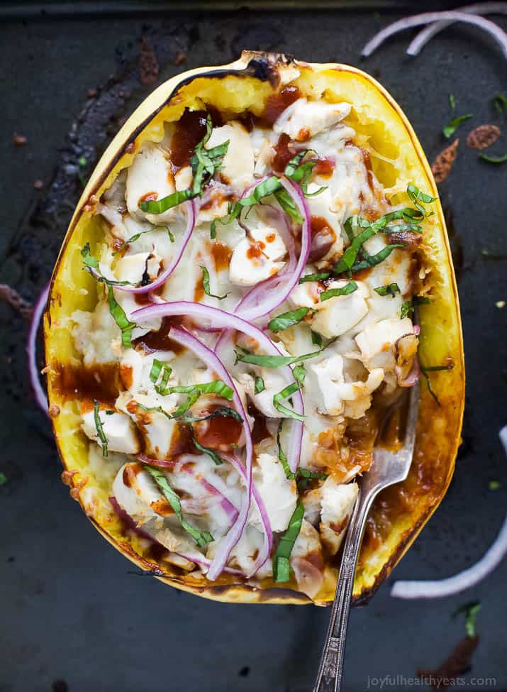 BBQ Chicken Pizza Stuffed Spaghetti Squash