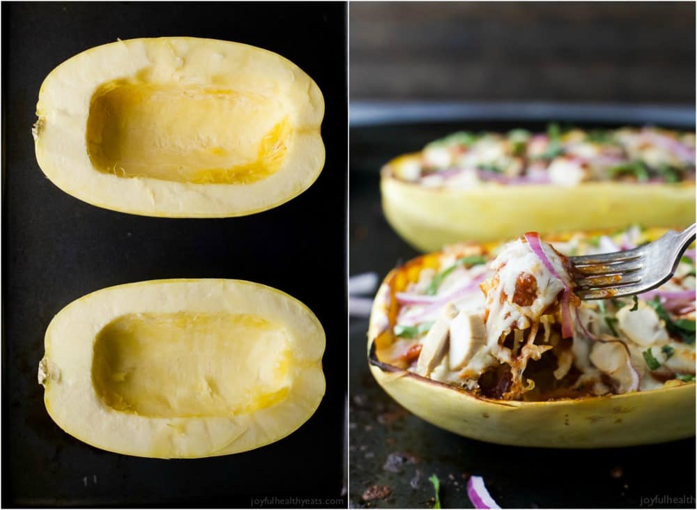 Spaghetti Squash halves and BBQ Chicken Pizza Stuffed Spaghetti Squash halves