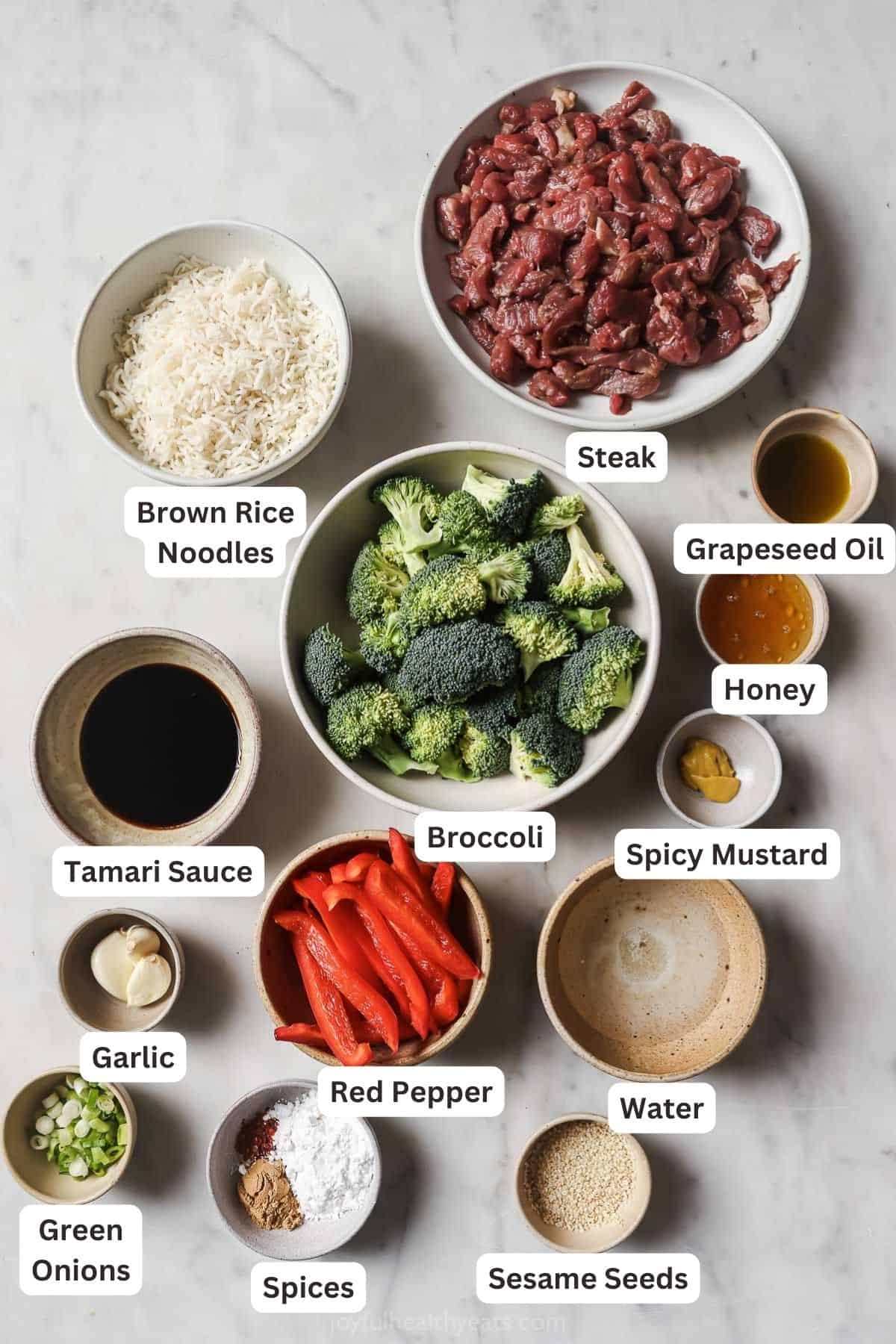 Labeled ingredients for beef and broccoli stir fry. 