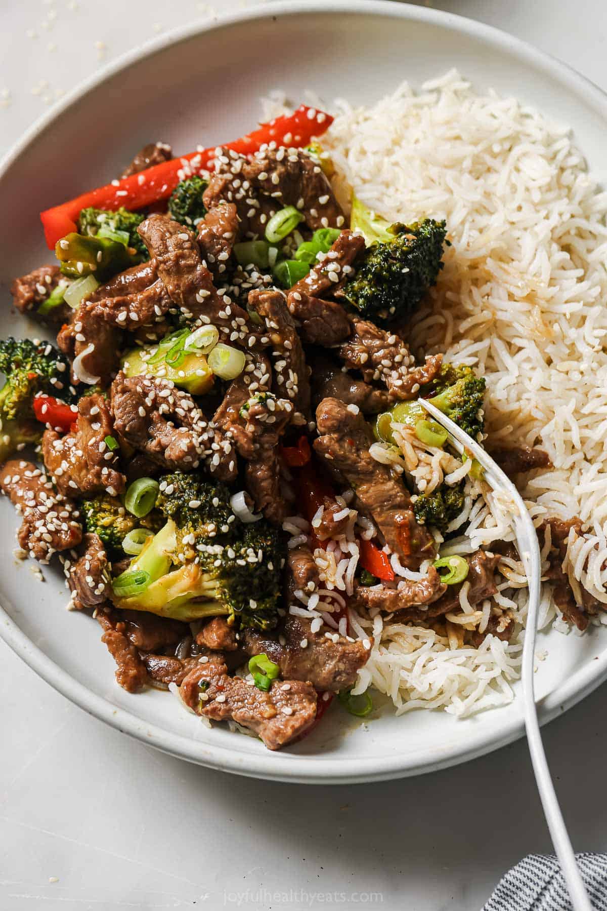 Beef and broccoli stir fry with a side of rice noodles.