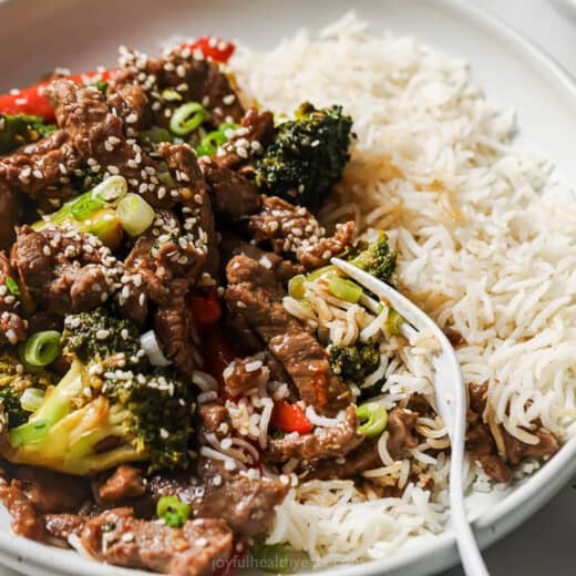 Landscape photo of beef and broccoli stir fry.