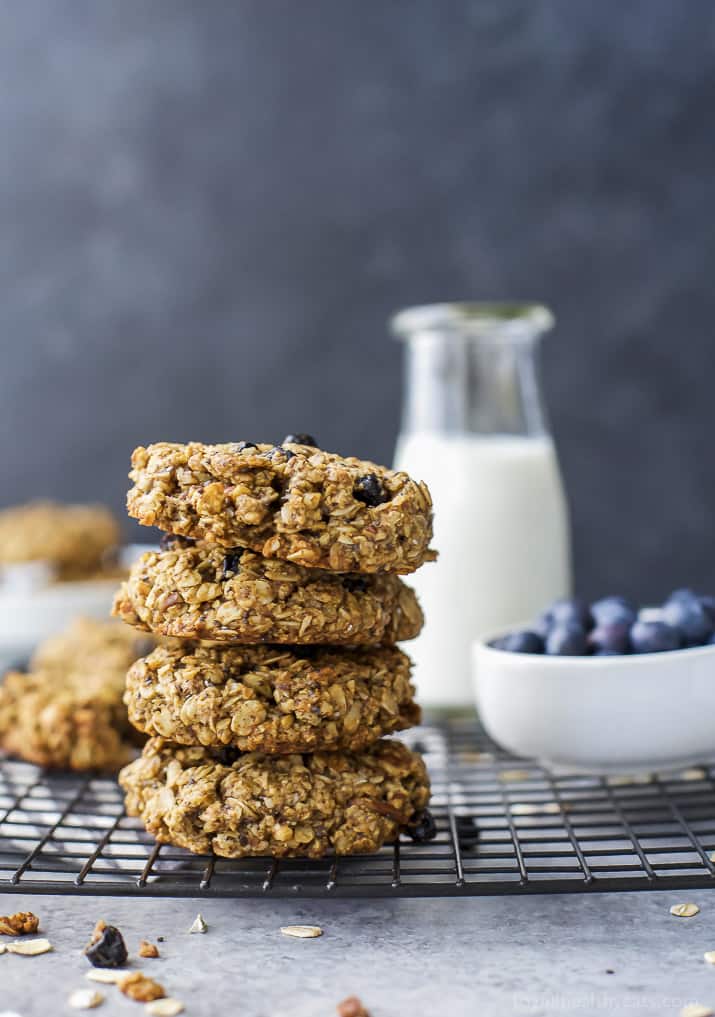 A stack of Blueberry Breakfast Cookies on a cooling rack