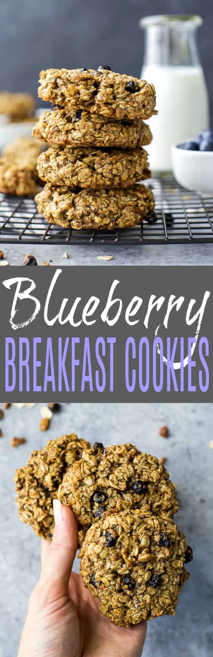 A collage of two images of blueberry oatmeal cookies with one also showing a glass of milk