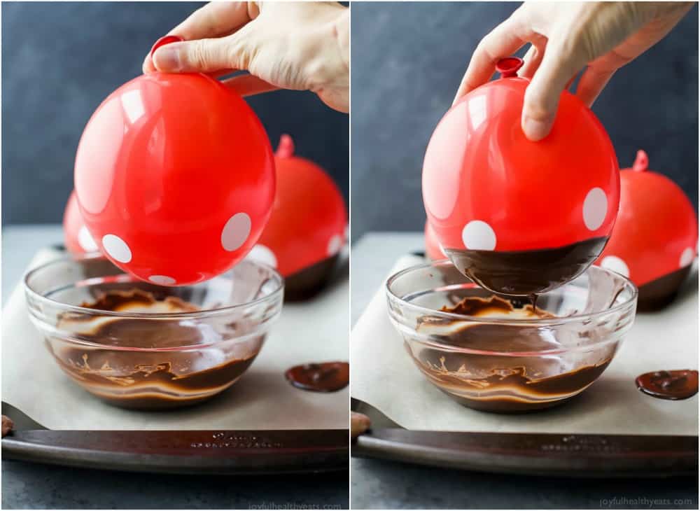 Inflated balloons being dipped in chocolate to make DIY Chocolate Bowls