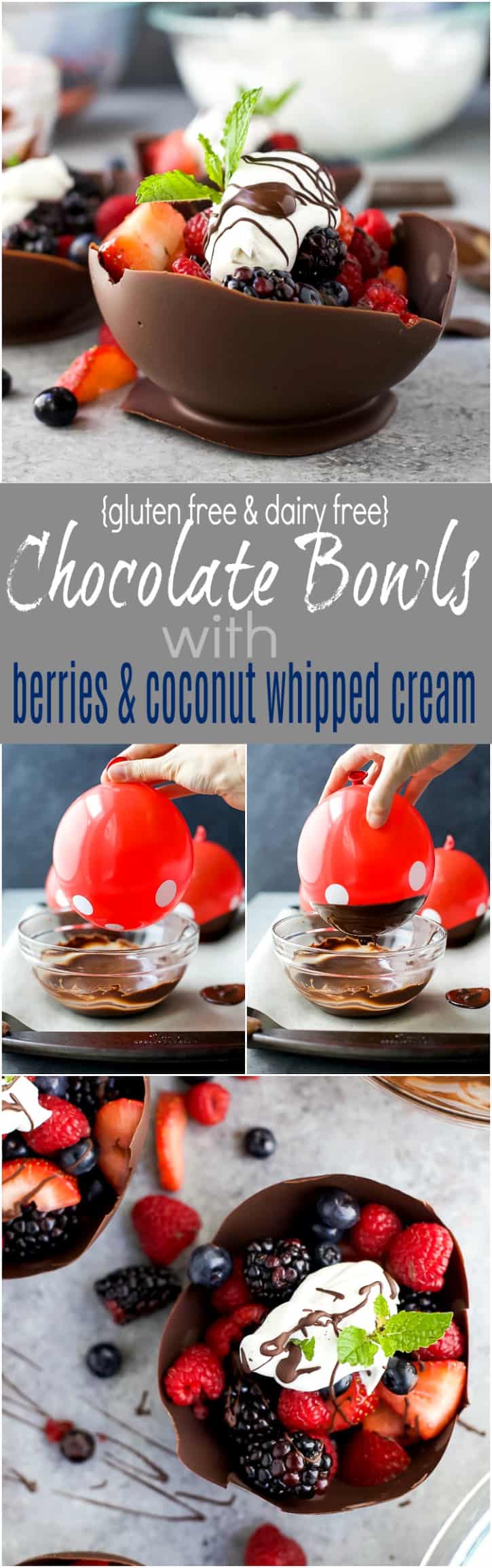 Pinterest collage for Chocolate Bowls with berries and coconut whipped cream recipe