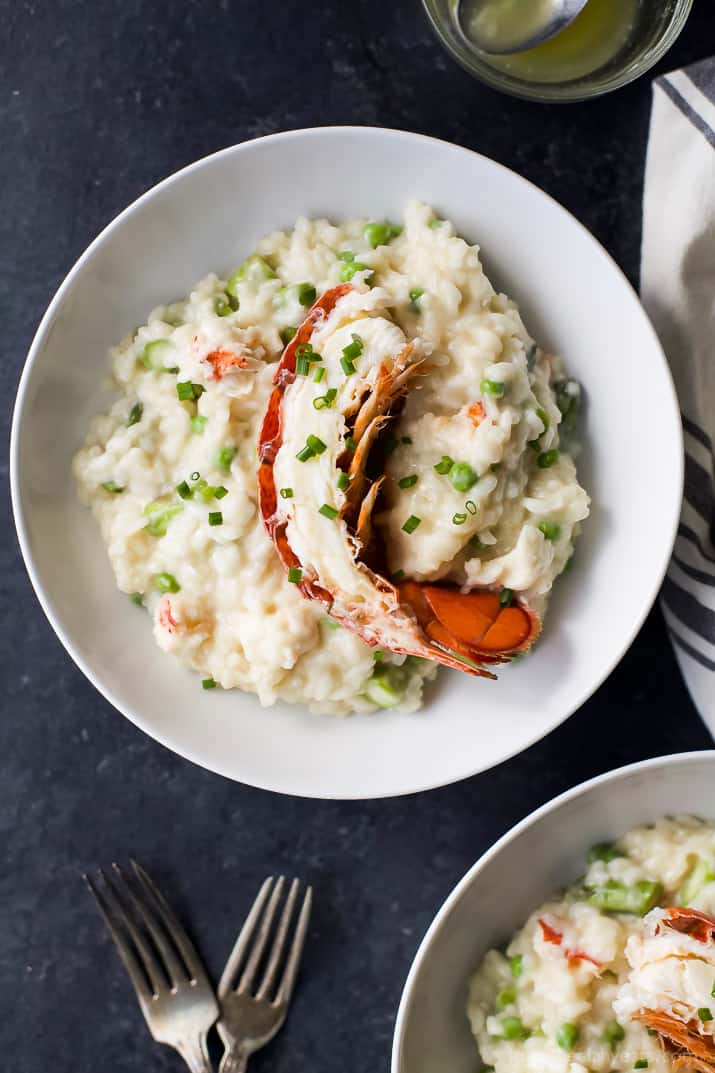 Top view of Creamy Lobster Risotto in a bowl