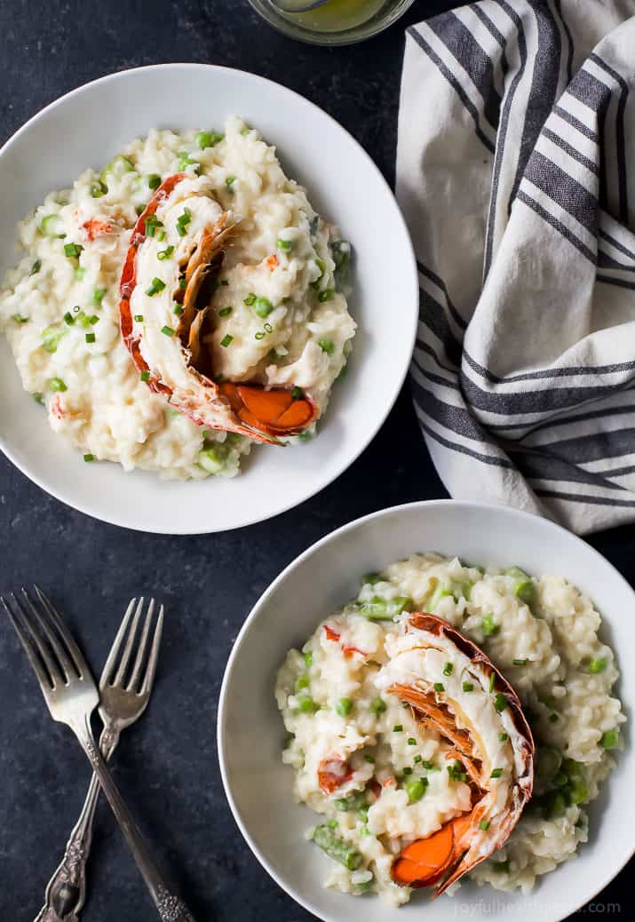 Top view of two bowls of Creamy Lobster Risotto