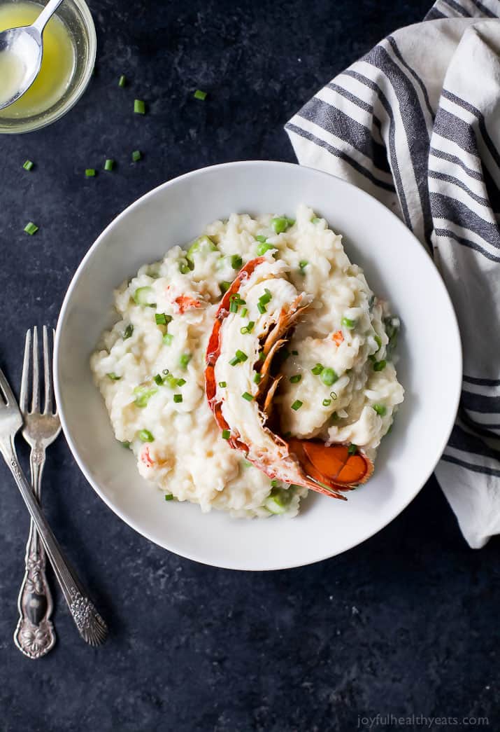 Top view of Creamy Lobster Risotto in a bowl