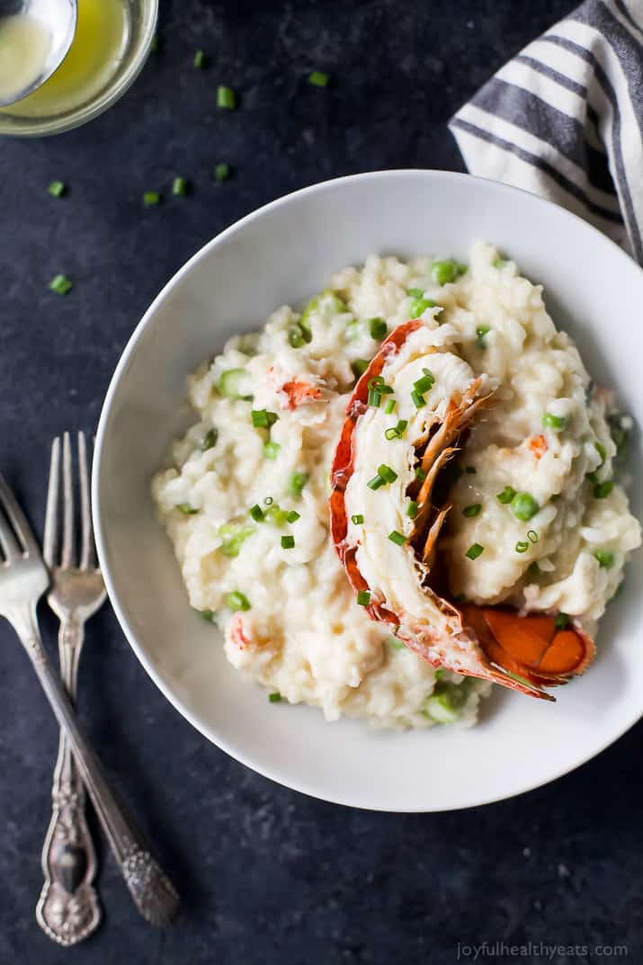 Top view of a bowl of Creamy Lobster Risotto