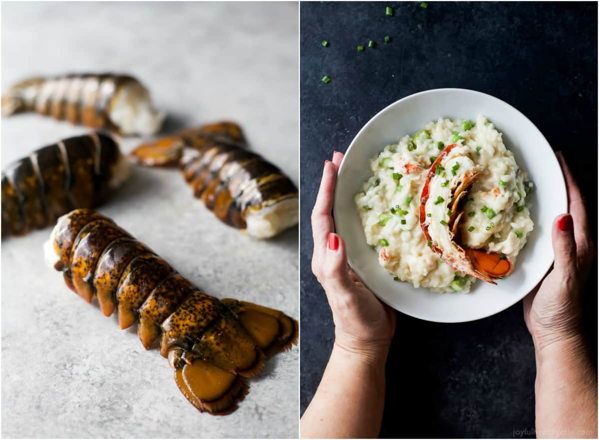 Lobster tails and a bowl of Creamy Lobster Risotto