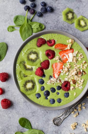 A Green Smoothie Bowl topped with fresh fruit and granola.