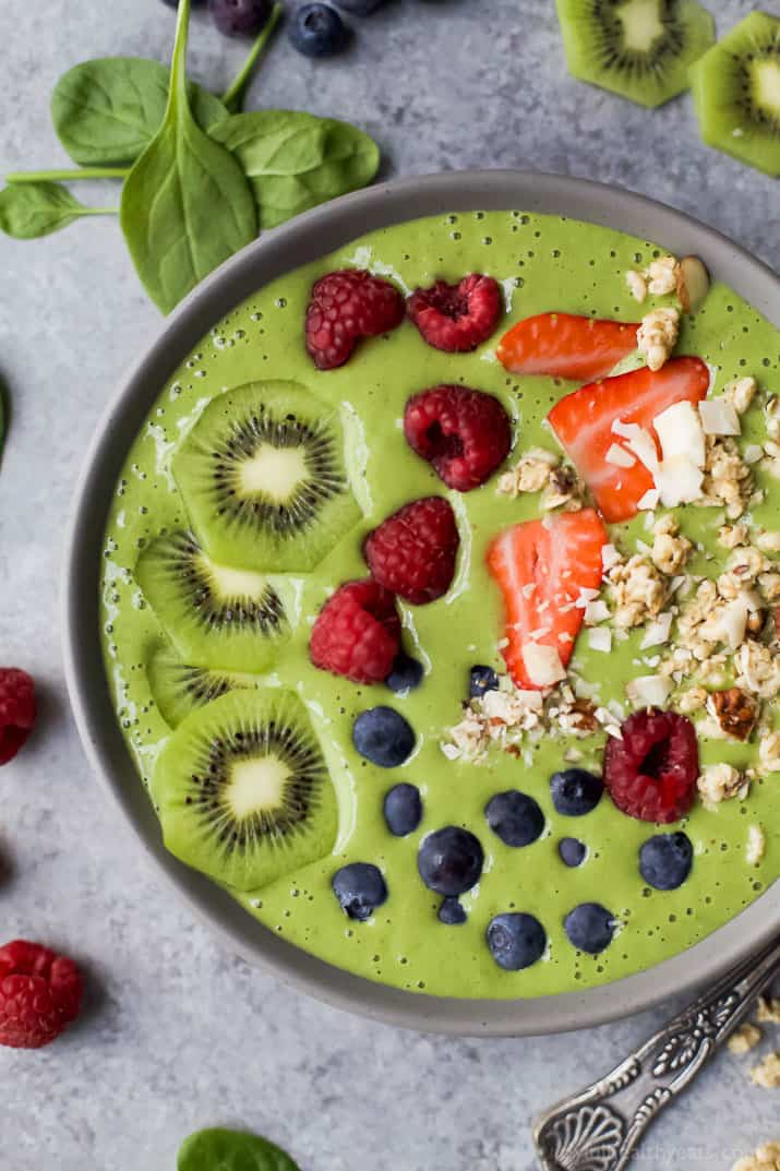 Close-up of a Green Smoothie Bowl with fresh fruit and nuts