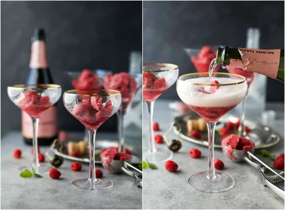 Raspberry Sorbet Rosé Floats - a fun beautiful cocktail to serve on Valentines Day or a ladies brunch! Made with raspberry sorbet, Rosé and vanilla vodka!