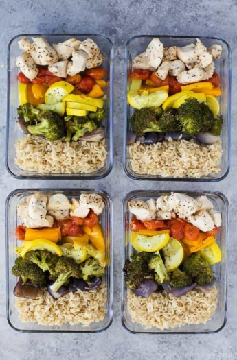 Gluten Free Roasted Veggie Balsamic Chicken Grain Bowls - an easy meal prep recipe or weeknight dinner for the week. Loads of veggies, light, flavorful, easy to make with 28 grams of protein and less than 350 calories a serving!