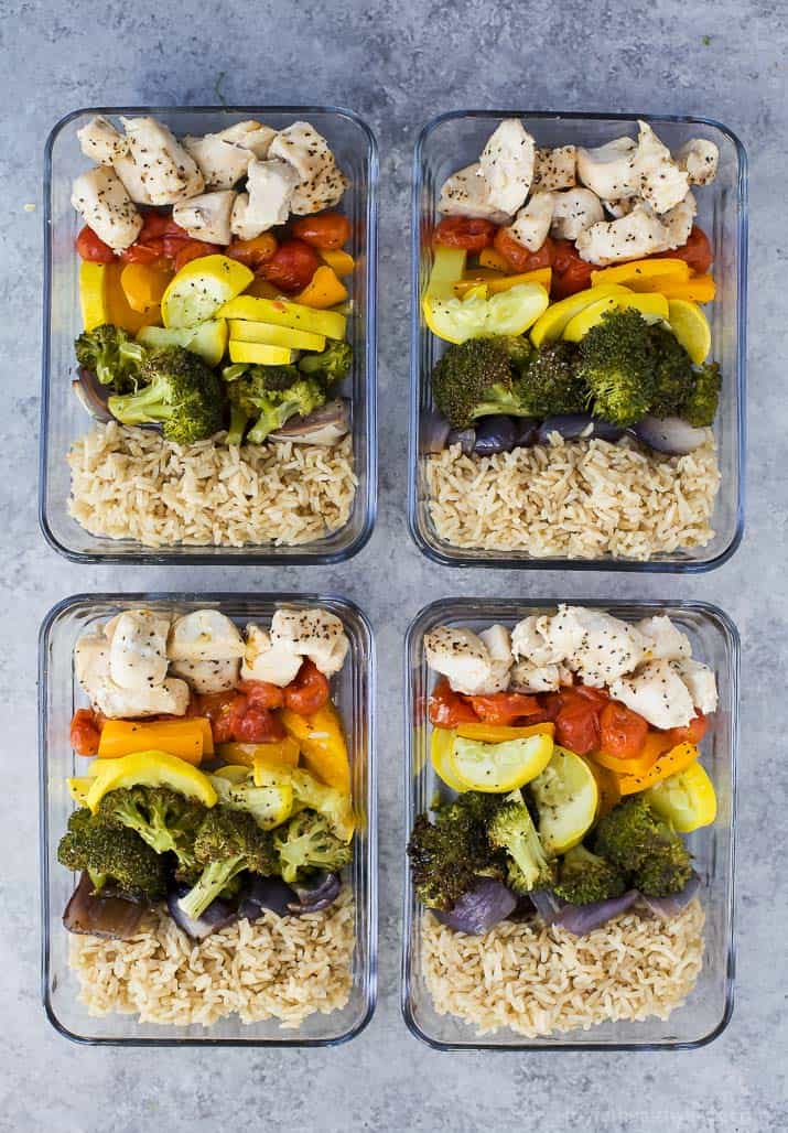 Gluten Free Roasted Veggie Balsamic Chicken Grain Bowls - an easy meal prep recipe or weeknight dinner for the week. Loads of veggies, light, flavorful, easy to make with 28 grams of protein and less than 350 calories a serving!