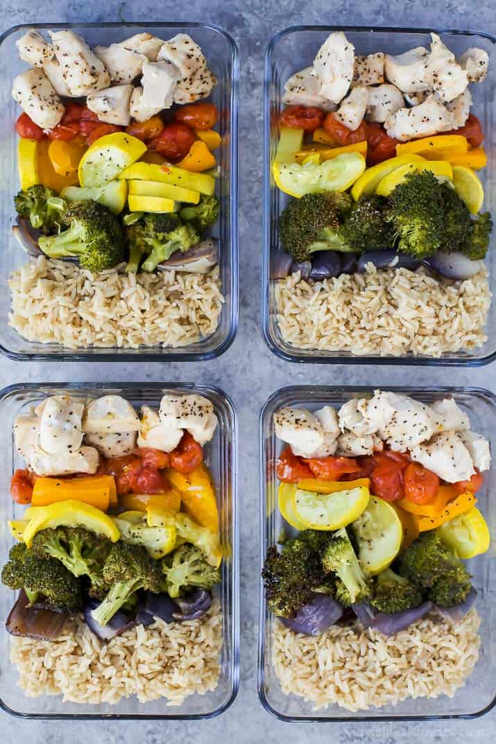 Gluten Free Roasted Veggie Balsamic Chicken Grain Bowls - an easy meal prep recipe or weeknight dinner for the week. Loads of veggies, light, flavorful, easy to make with 28 grams of protein and less than 350 calories a serving!