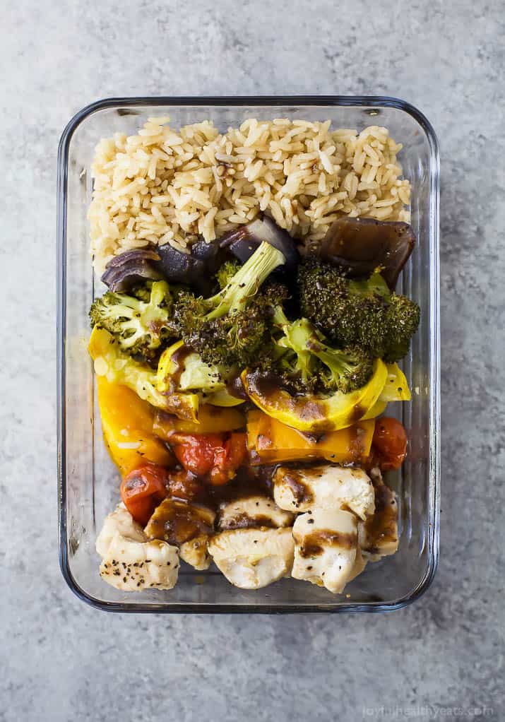 Gluten Free Roasted Veggie Balsamic Chicken Grain Bowls - an easy meal prep recipe or weeknight dinner for the week. Loads of veggies, light, flavorful, easy to make with 28 grams of protein and less than 350 calories a serving!