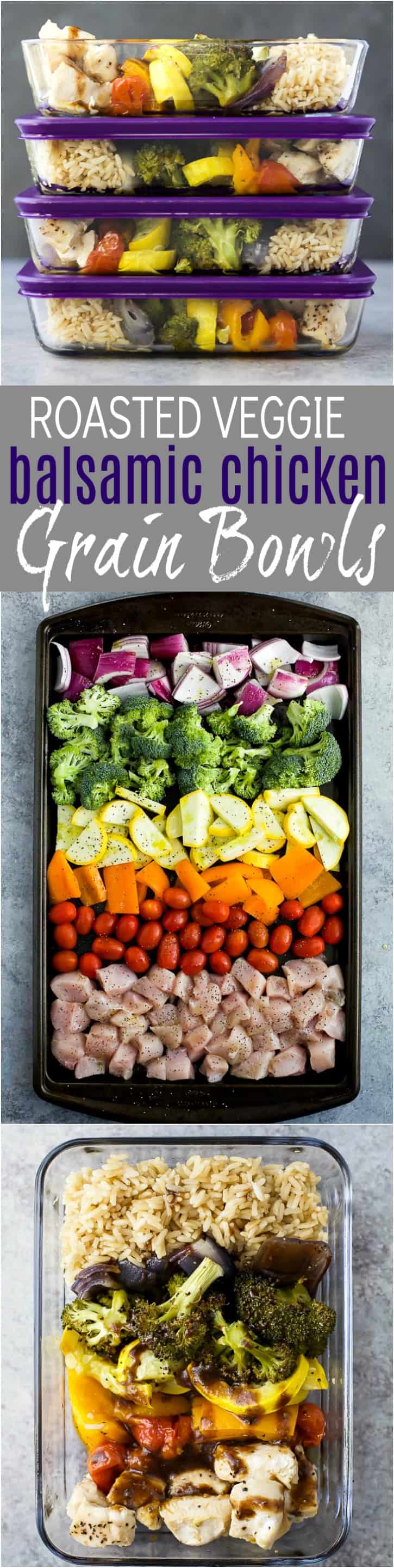 Gluten Free Roasted Veggie Balsamic Chicken Grain Bowls - an easy meal prep recipe or weeknight dinner for the week. Loads of veggies, light, flavorful, easy to make with 28 grams of protein and less than 350 calories a serving!