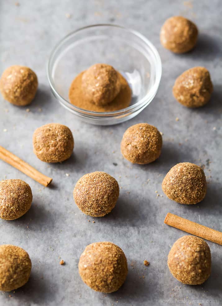 These easy Snickerdoodle Energy Balls are made in a blender and then rolled in a cinnamon coconut sugar crust. They taste just like snickerdoodle cookies and are the perfect breakfast, post workout snack or late night treat. #ad