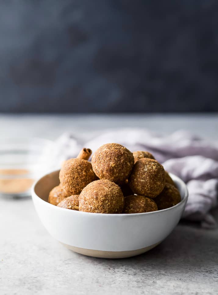 These easy Snickerdoodle Energy Balls are made in a blender and then rolled in a cinnamon coconut sugar crust. They taste just like snickerdoodle cookies and are the perfect breakfast, post workout snack or late night treat. #ad