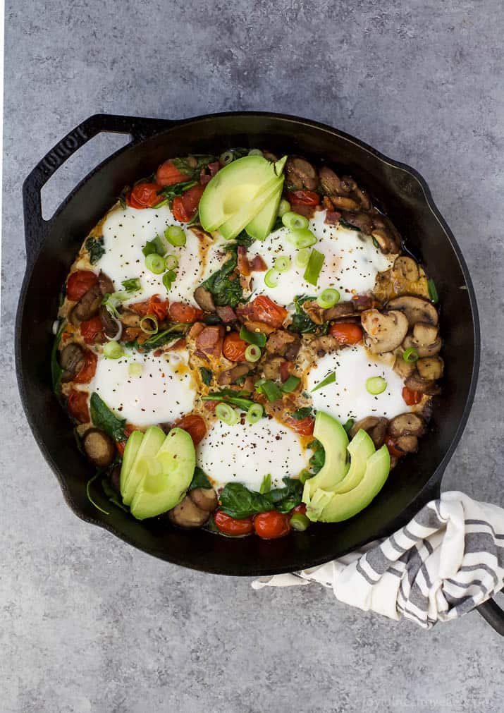 An easy gluten free Spinach Mushroom Breakfast Skillet that comes together in less than 30 minutes! This Breakfast Skillet is loaded with fiber and then topped with a runny egg and avocado. Perfect for brunch or dinner!