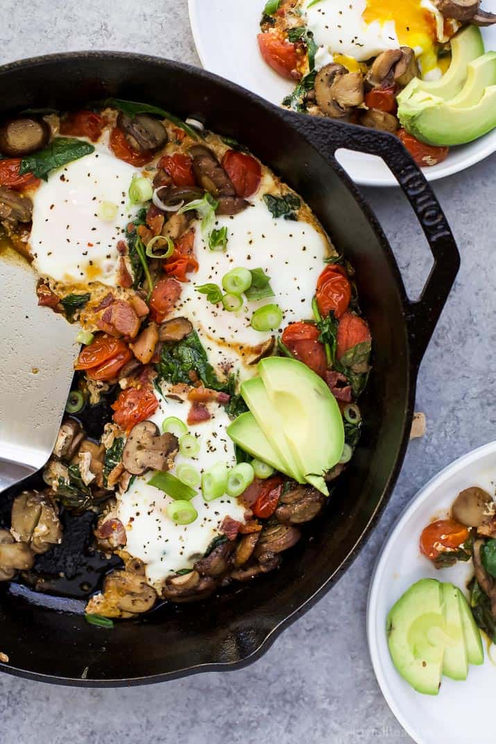 An easy gluten free Spinach Mushroom Breakfast Skillet that comes together in less than 30 minutes! This Breakfast Skillet is loaded with fiber and then topped with a runny egg and avocado. Perfect for brunch or dinner!