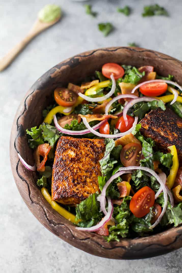 BLT Salmon Salad in a wooden bowl